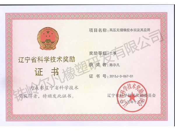 2015遼寧省科技獎勵：科技進步三等獎-高壓無縫橡膠水壩及其應用